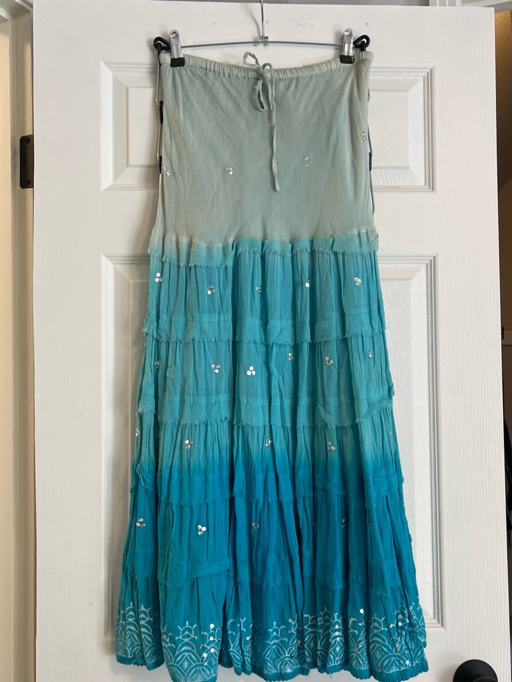 Angie Ombre Teal to Aqua Tiered Maxi Skirt with Sequin Detail